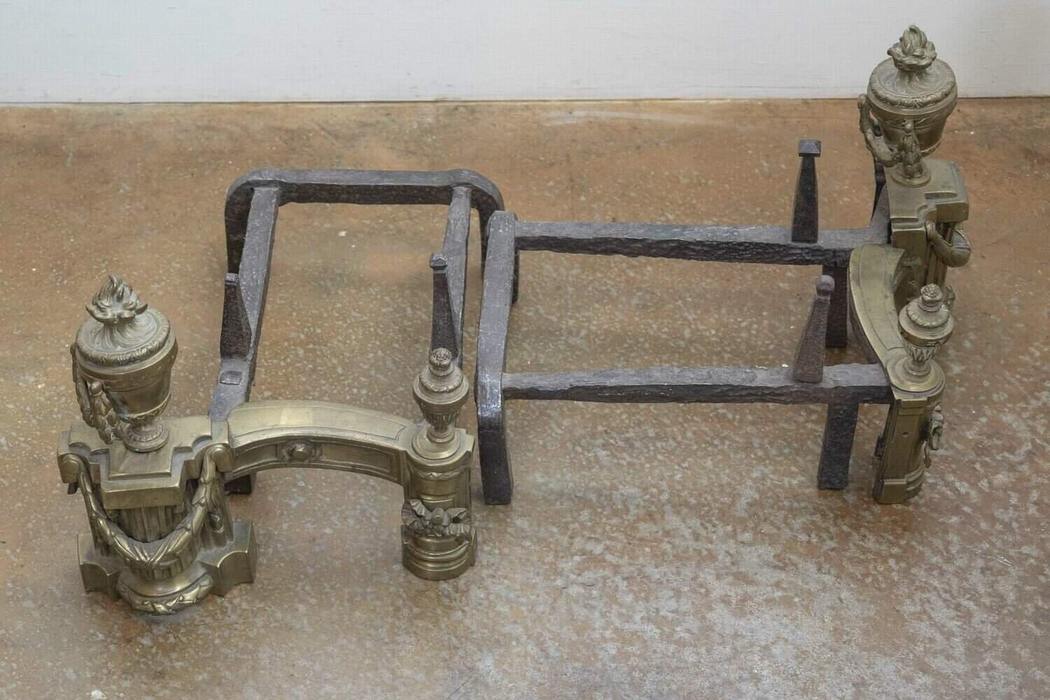 Pair of English Neoclassical Style Brass Andirons circa 1860 with Fire Urns - JAA