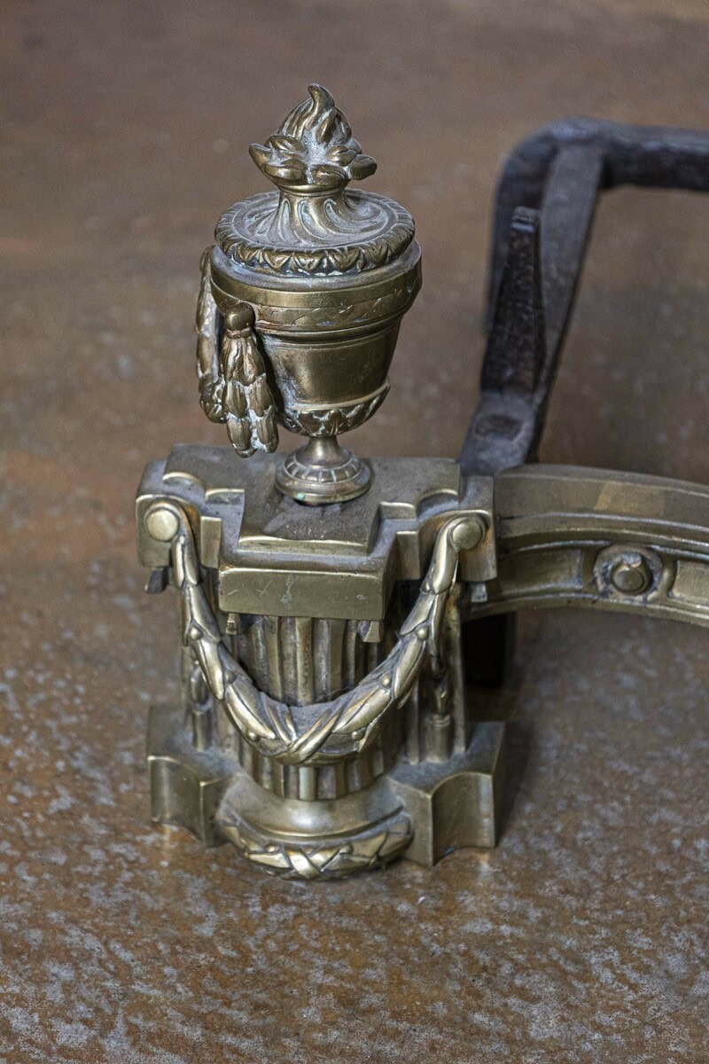 Pair of English Neoclassical Style Brass Andirons circa 1860 with Fire Urns - JAA