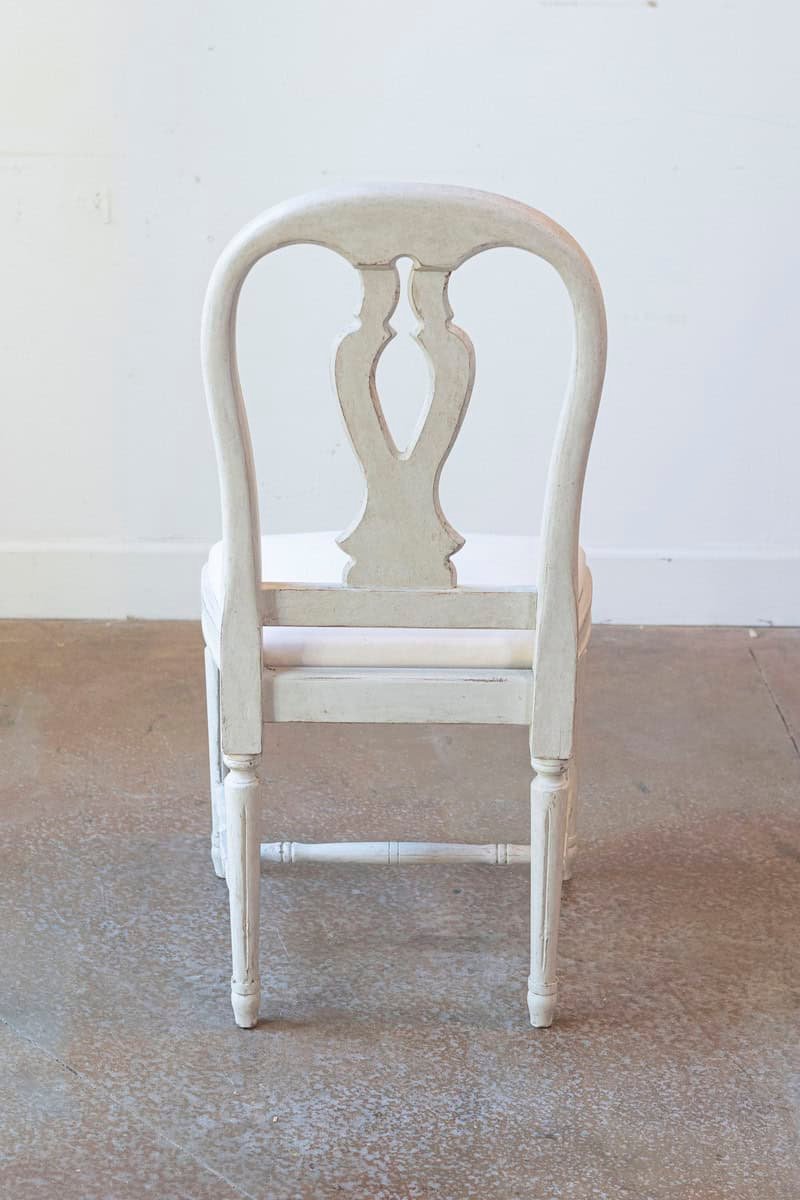 Set of 10 Swedish Painted Dining Room Chairs with Carved Splats and Upholstery - JAA