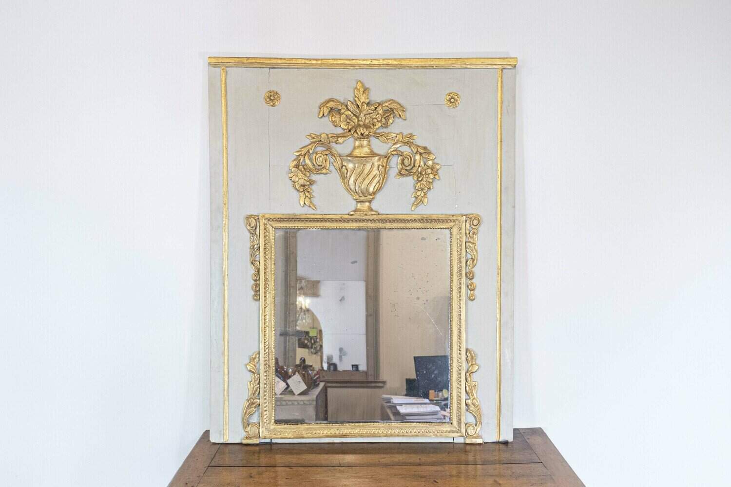 French 1775 Transition Period Painted and Gilt Trumeau Mirror with Carved Urn - JAA