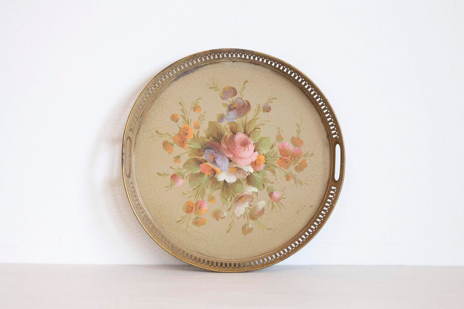 French, Tôle Tray with Hand-Painted Bouquet of Roses and Pierced Gallery - JAA