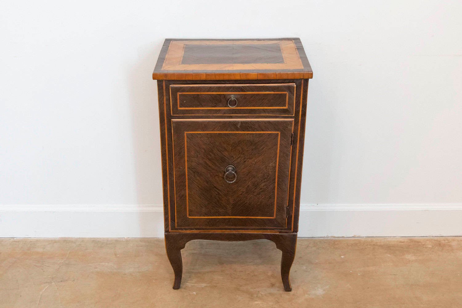 Italian 19th Century Bedside Table with Inlaid Décor, Single Drawer and Door - JAA