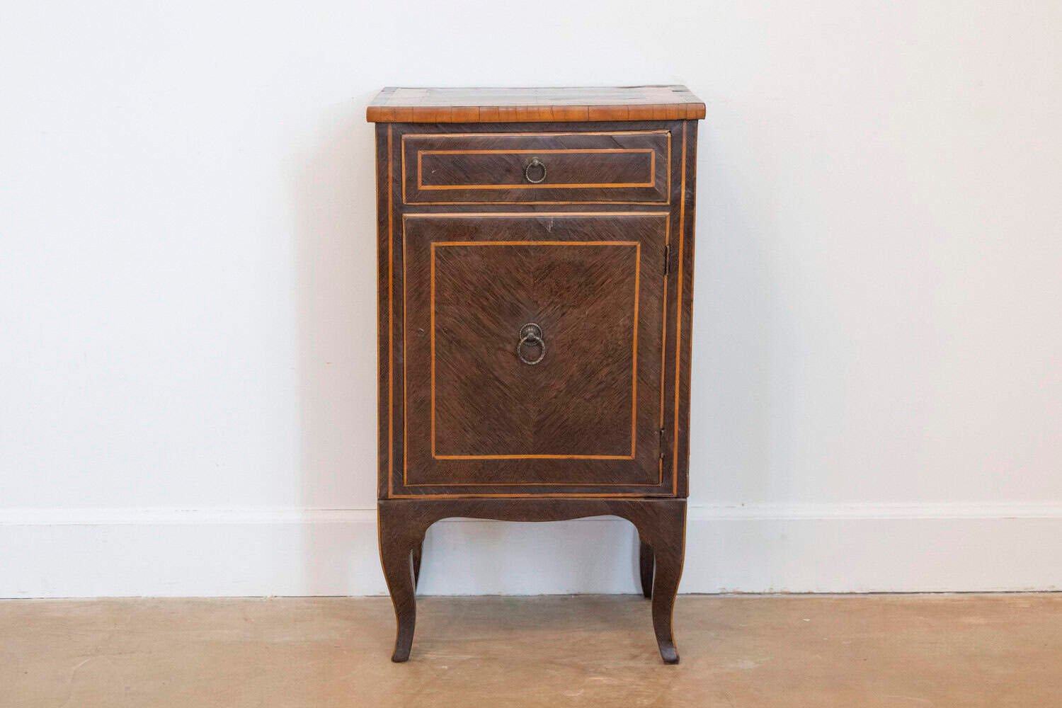 Italian 19th Century Bedside Table with Inlaid Décor, Single Drawer and Door - JAA