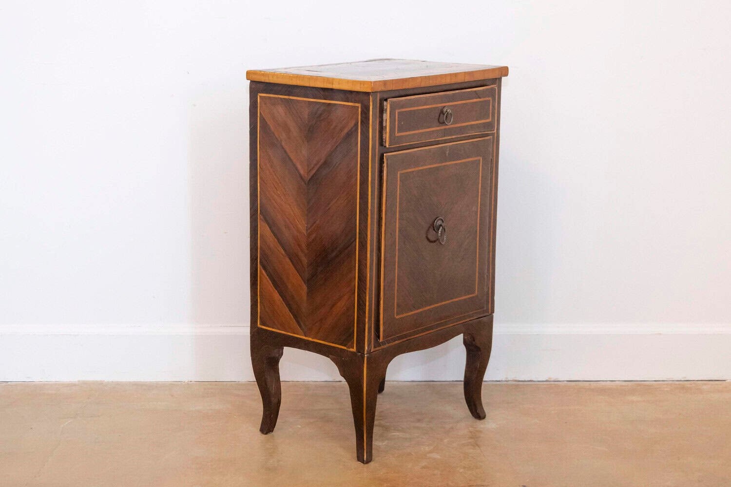 Italian 19th Century Bedside Table with Inlaid Décor, Single Drawer and Door - JAA