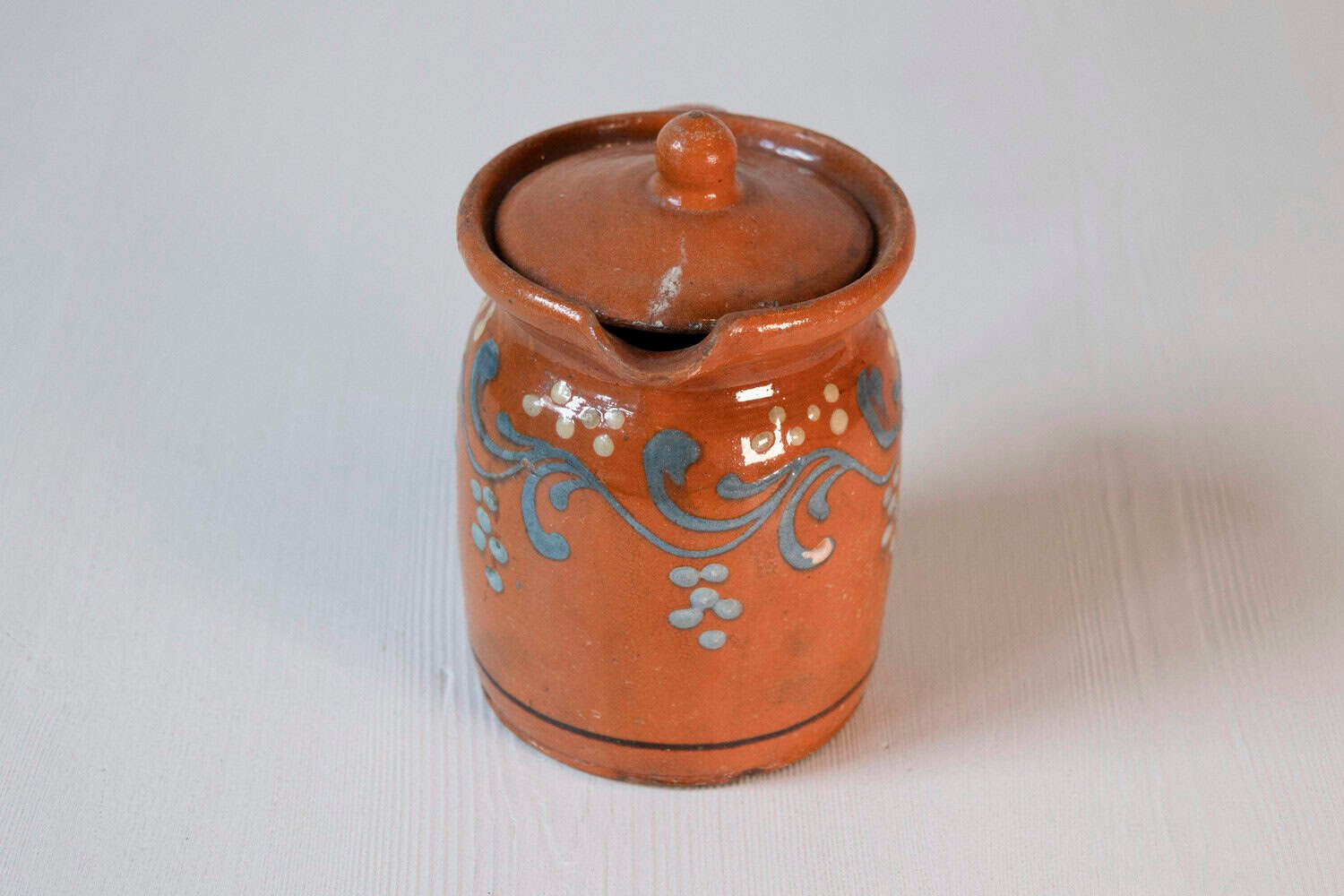 French 19th Century Pottery Pitcher with Orange and Blue Glaze and Foliage Motif - JAA