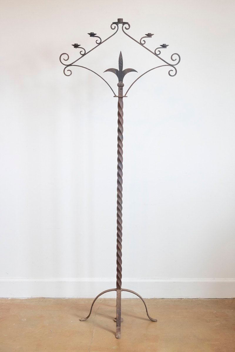 French Turn of the Century Iron Floor Standing Candelabra with Five Prickets - JAA