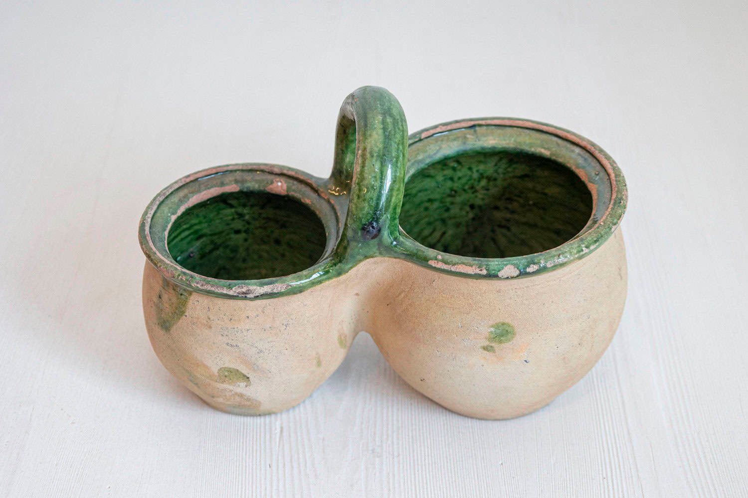 Green Glazed 19th Century Pottery Shepherd's Lunch Holder with Bowls and Handle - JAA