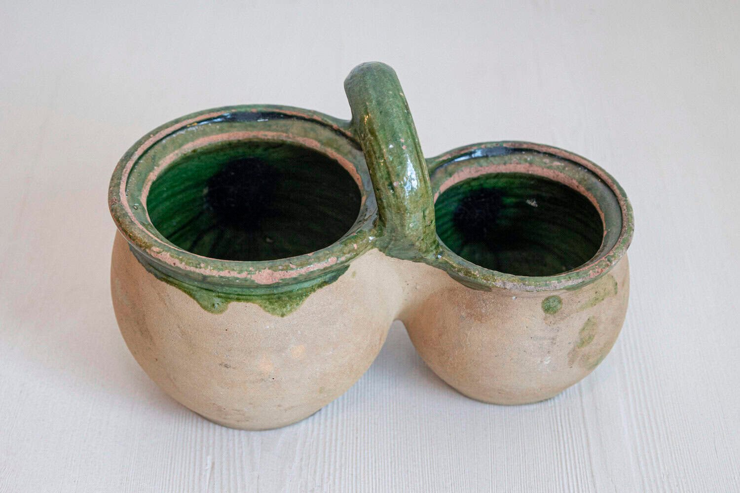 Green Glazed 19th Century Pottery Shepherd's Lunch Holder with Bowls and Handle - JAA