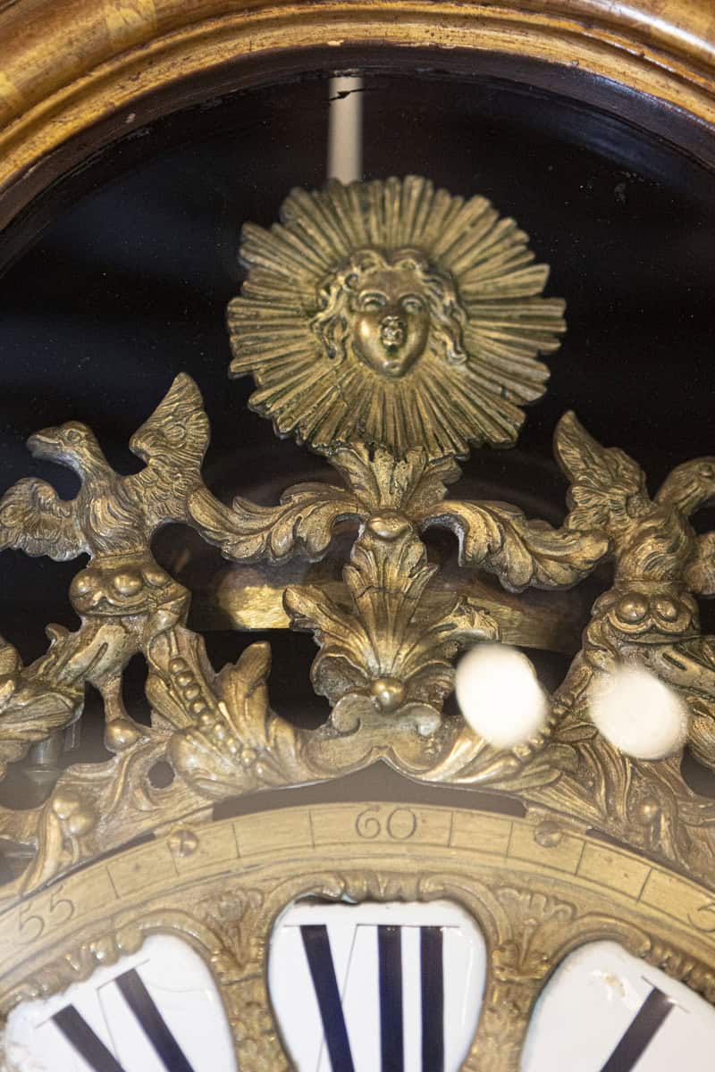 French 19th Century Longcase Painted Clock with Carved Crest and Classical Décor - JAA