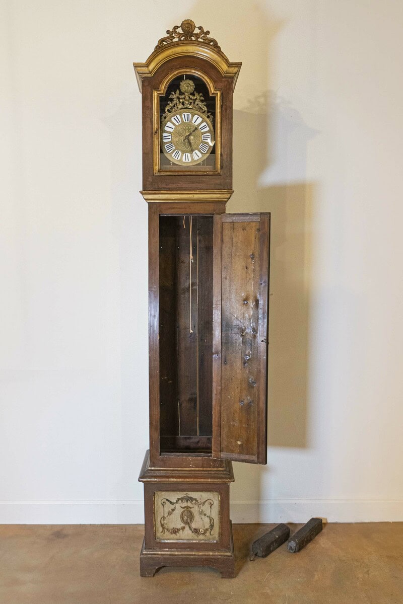 French 19th Century Longcase Painted Clock with Carved Crest and Classical Décor - JAA