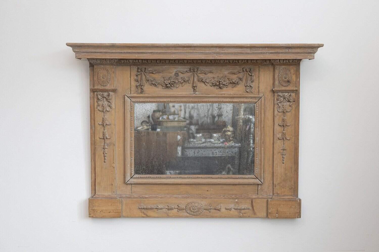 English 1780s Georgian Period Pine Mirror with Original Glass and Carved Swags - JAA
