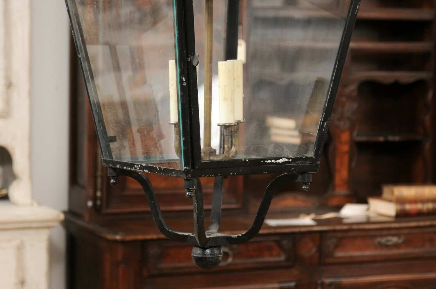 Turn of the Century French Iron and Glass Lanterns, Wired for the USA - JAA