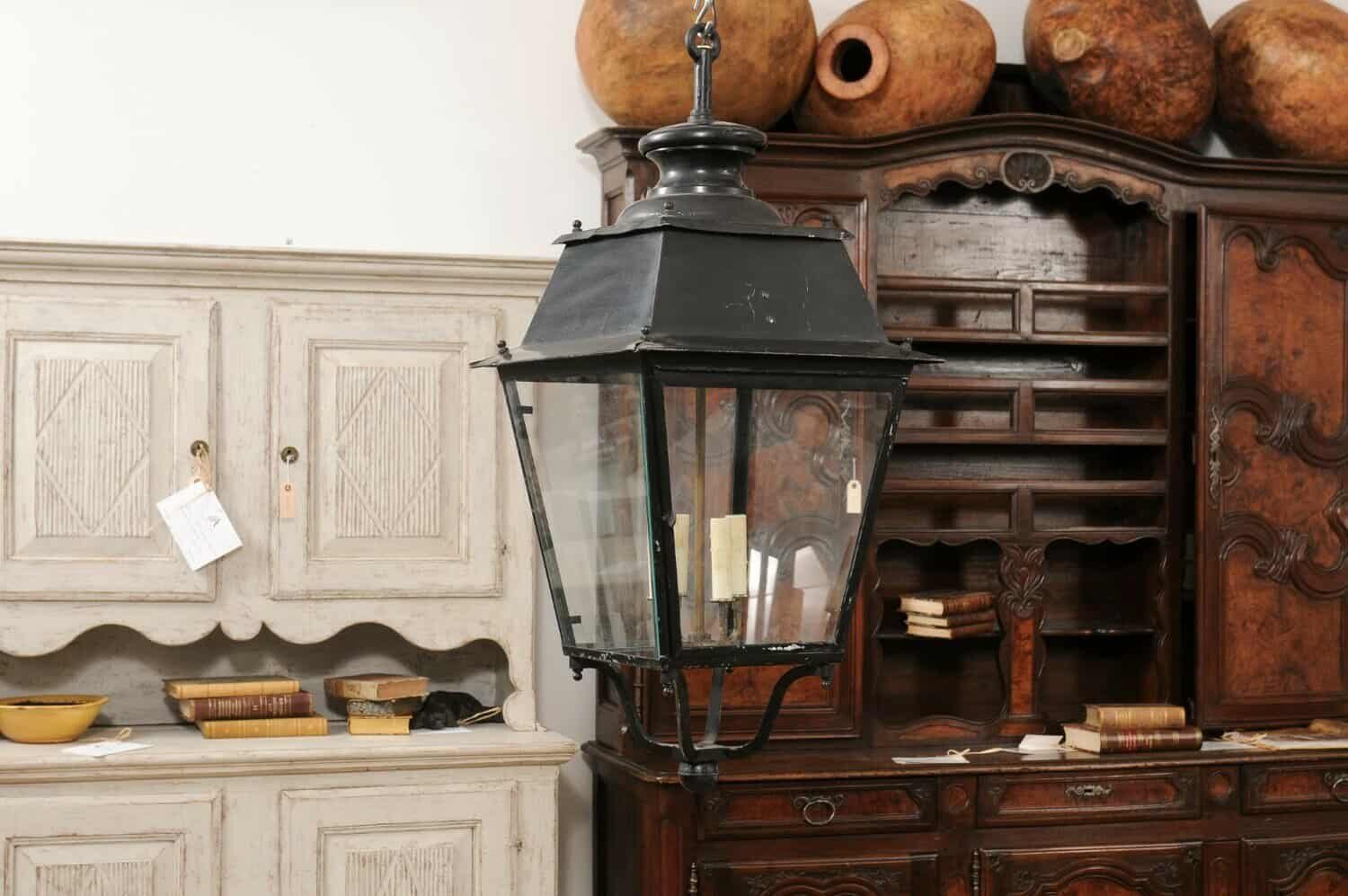 Turn of the Century French Iron and Glass Lanterns, Wired for the USA - JAA