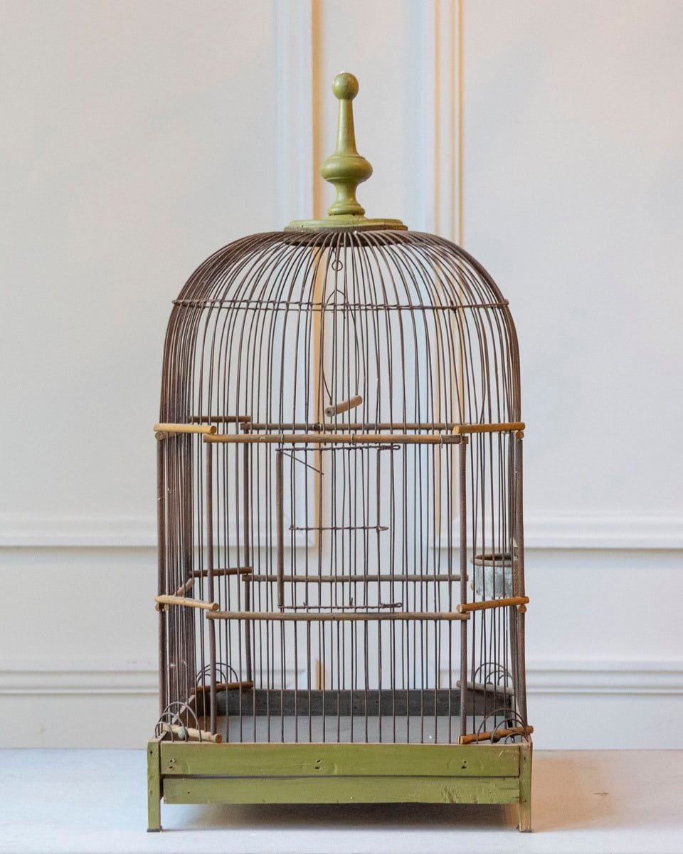 Late 19th-Century Green-Painted Wooden Birdcage - JAA