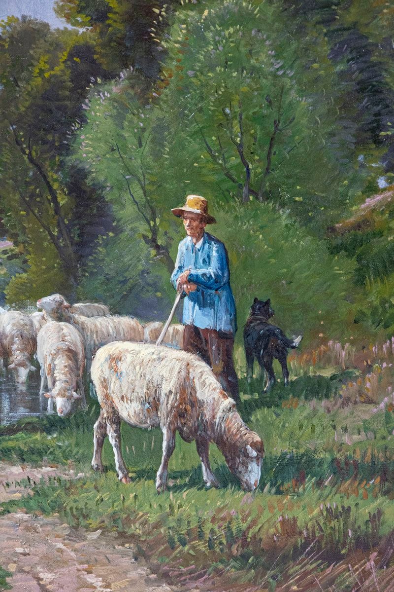 French Barbizon Painting of a Shepherd with His Herd of Sheep, Late 19th Century - JAA