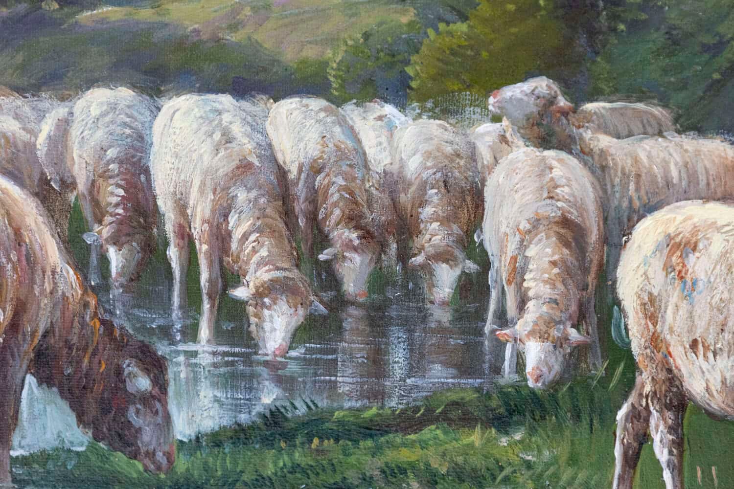 French Barbizon Painting of a Shepherd with His Herd of Sheep, Late 19th Century - JAA