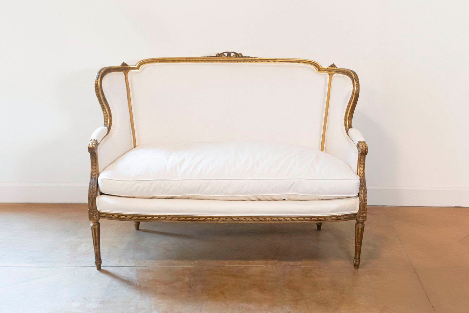 French Louis XVI Style Wingback Settee with Original Gilding and New Fabric - JAA
