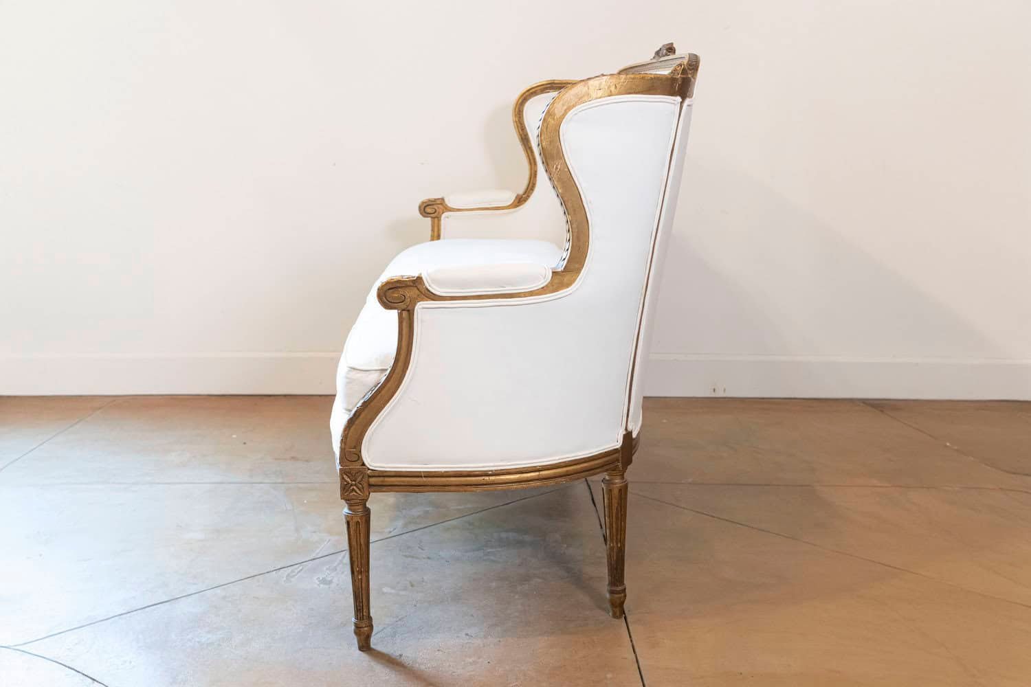 French Louis XVI Style Wingback Settee with Original Gilding and New Fabric - JAA