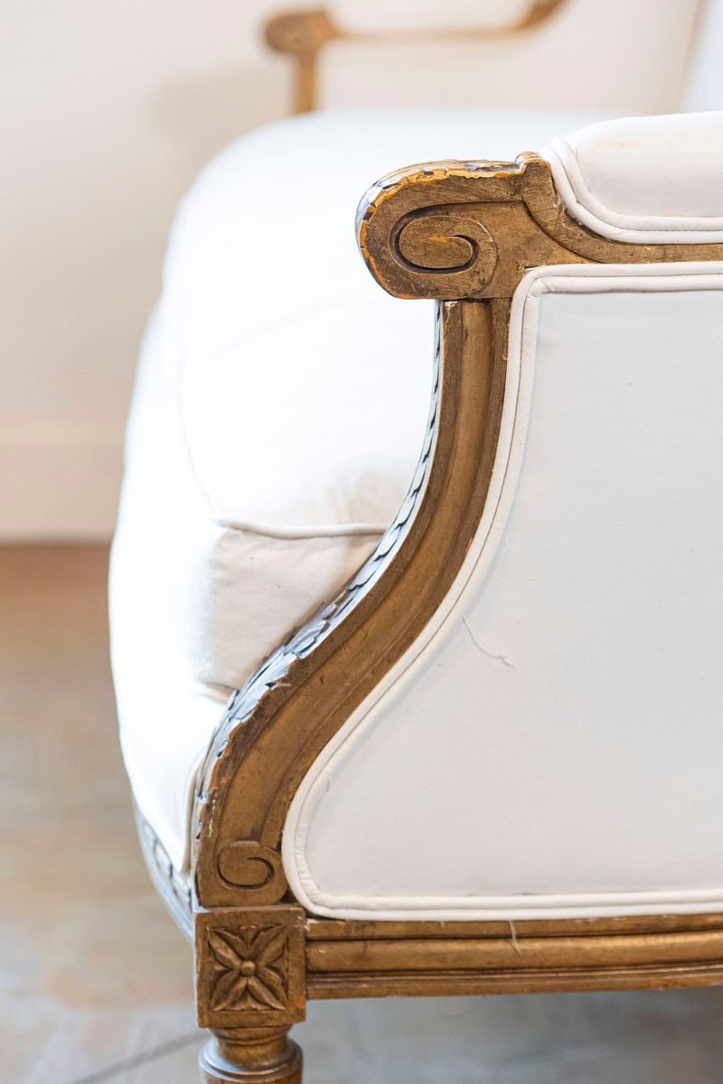 French Louis XVI Style Wingback Settee with Original Gilding and New Fabric - JAA