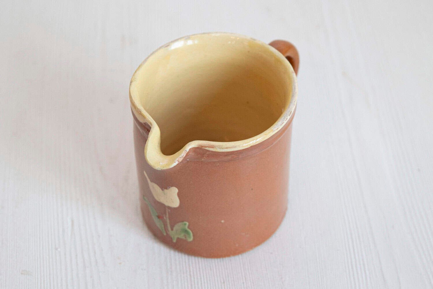 French 19th Century Redware Pitcher with White Flower Decor - JAA