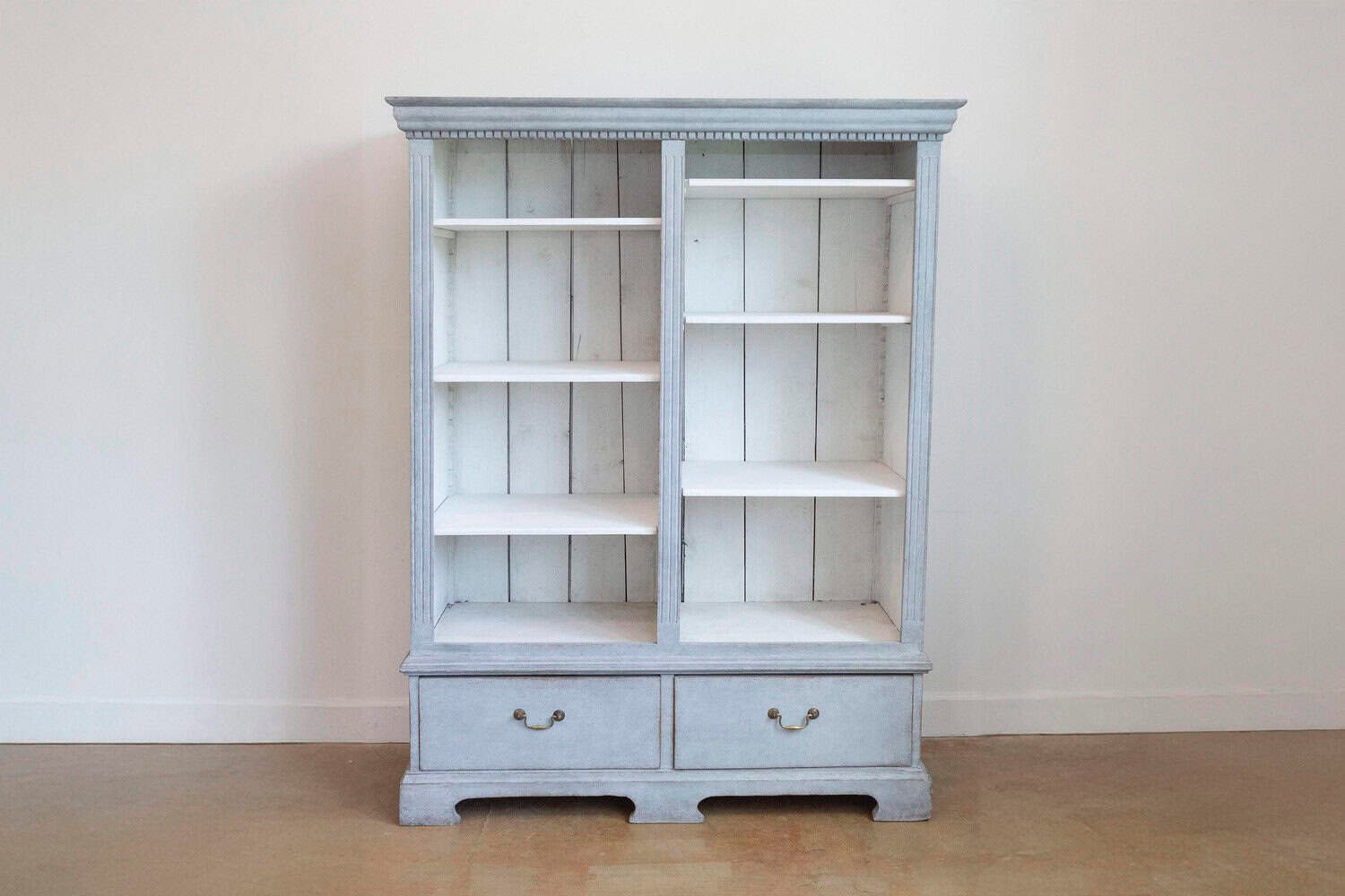 Swedish 1850s Gray Painted Bookcase with Open Shelves and Two Drawers - JAA