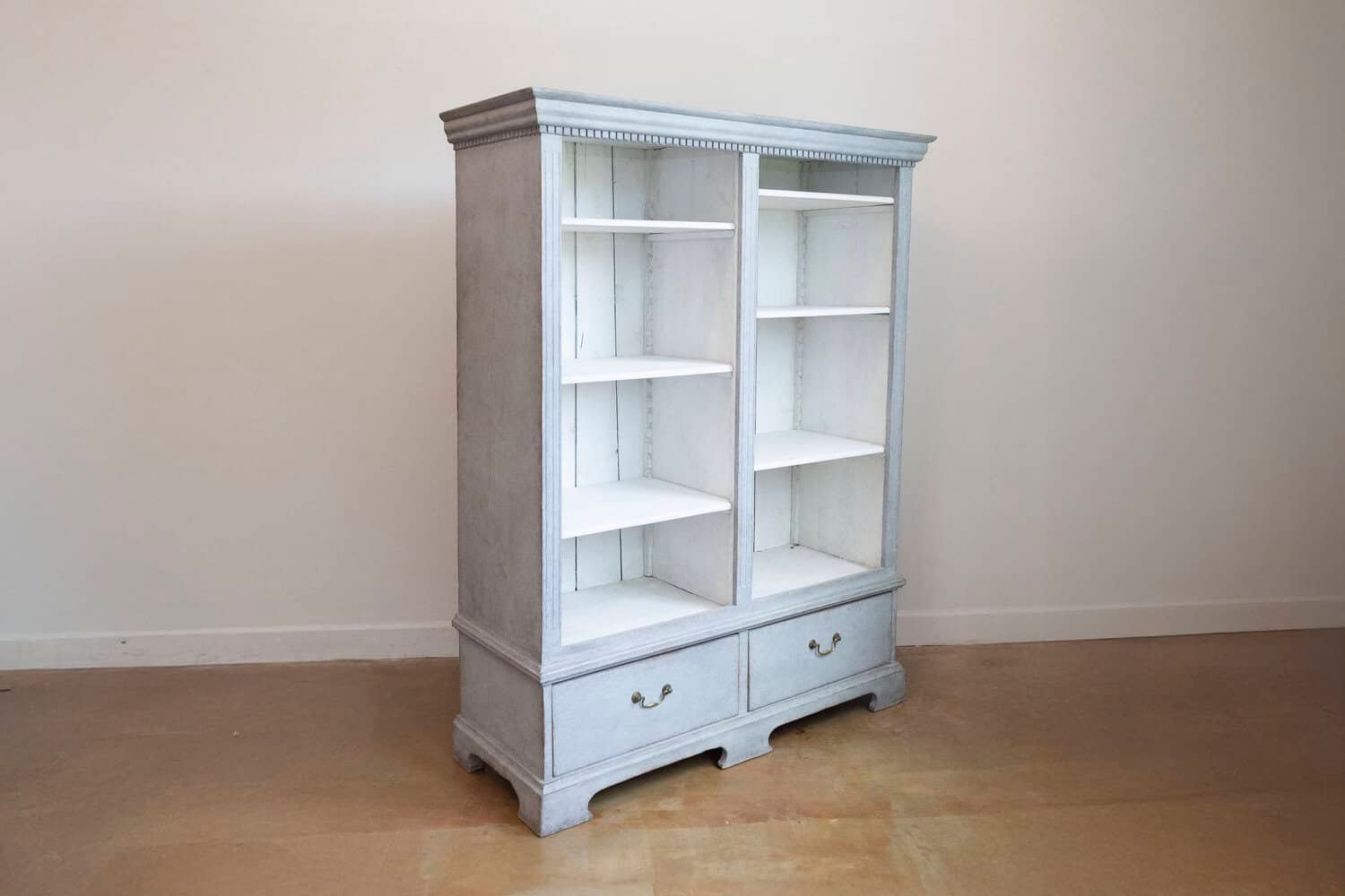 Swedish 1850s Gray Painted Bookcase with Open Shelves and Two Drawers - JAA