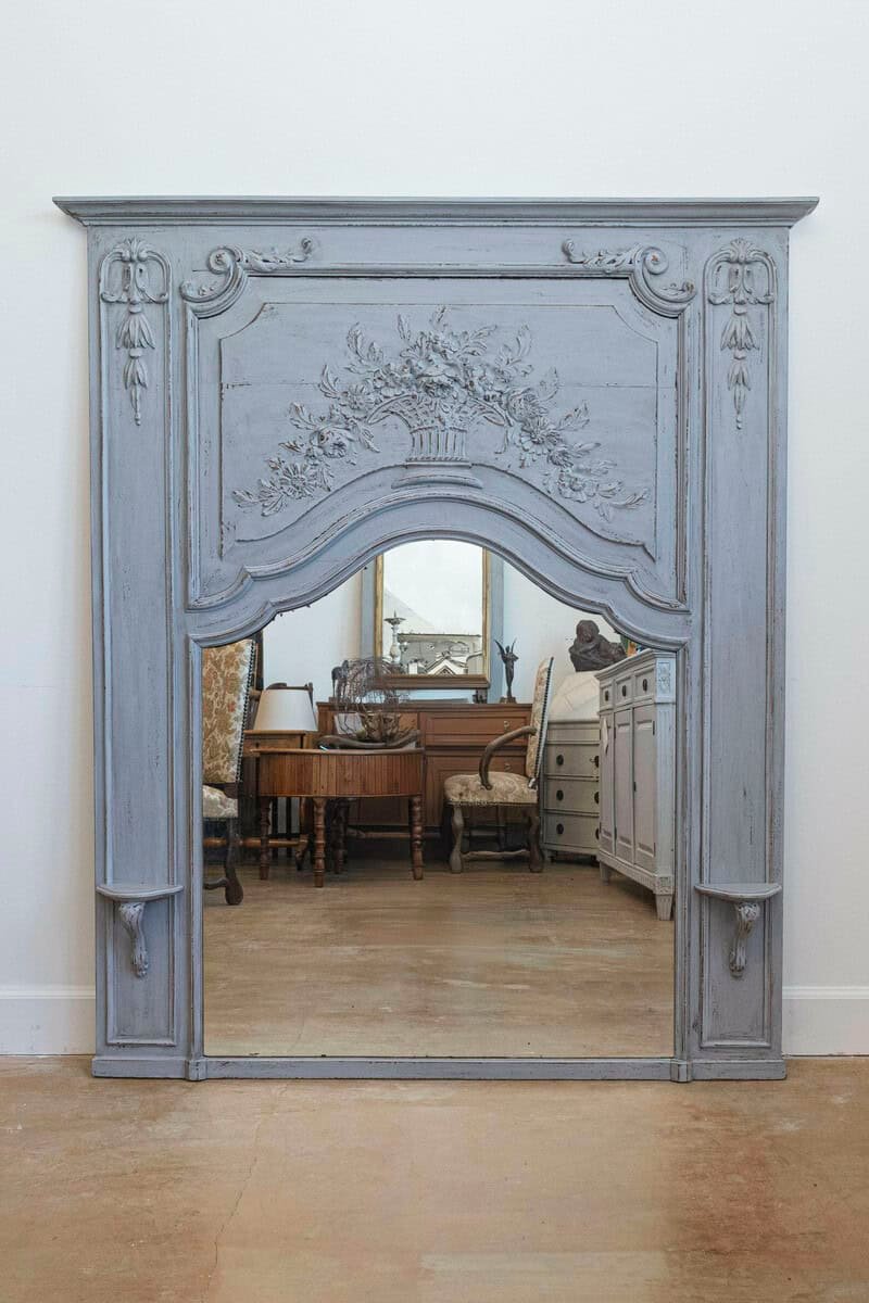 French Louis XV Style Grey Painted Trumeau Mirror with Carved Floral Decor - JAA