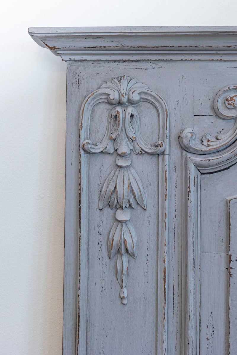 French Louis XV Style Grey Painted Trumeau Mirror with Carved Floral Decor - JAA