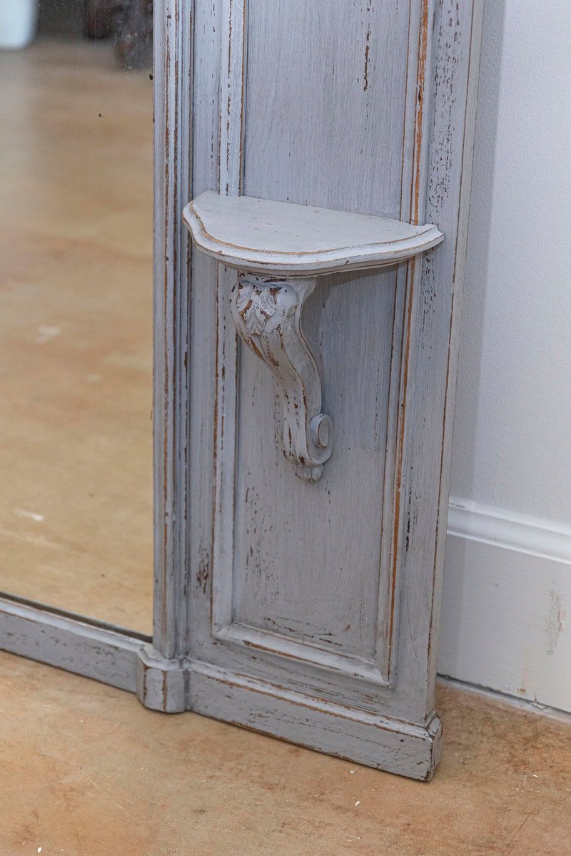 French Louis XV Style Grey Painted Trumeau Mirror with Carved Floral Decor - JAA