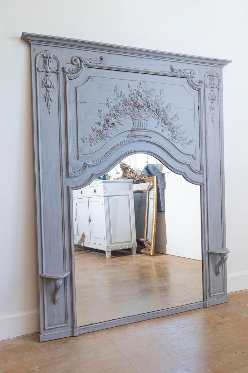 French Louis XV Style Grey Painted Trumeau Mirror with Carved Floral Decor - JAA