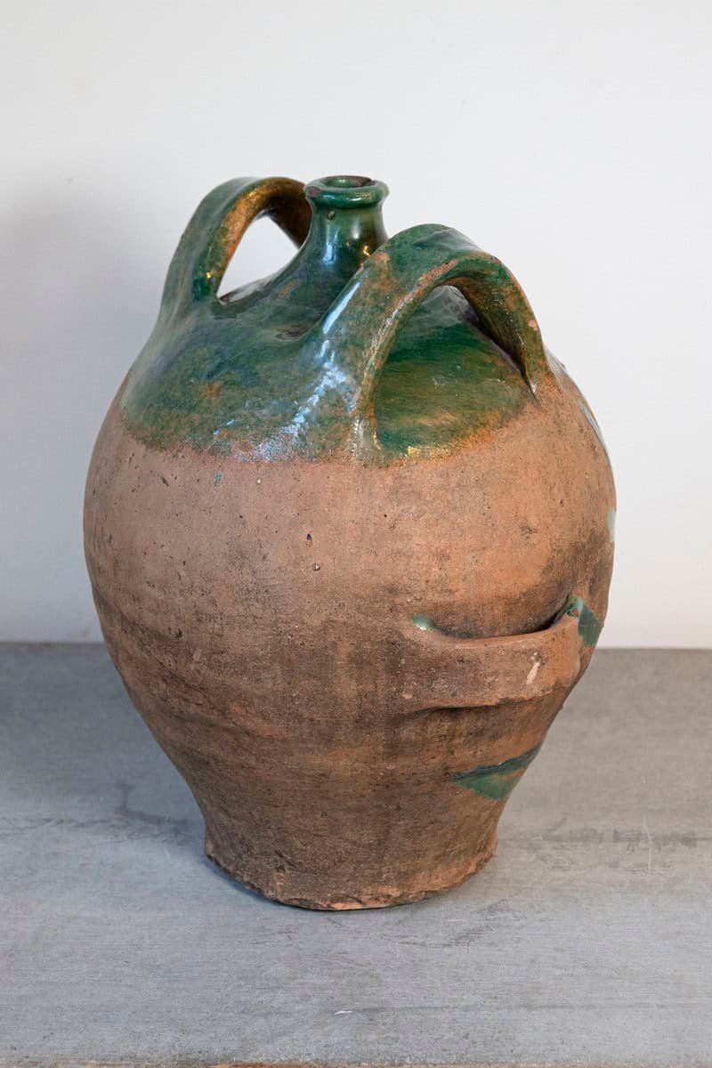 French Provincial 19th Century Green Glazed Pottery Jug with Dual Handles - JAA