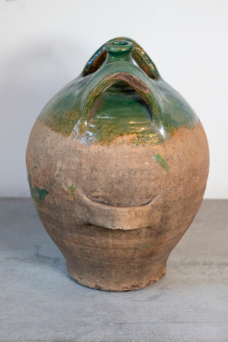 French Provincial 19th Century Green Glazed Pottery Jug with Dual Handles - JAA