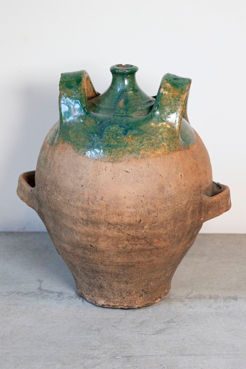 French Provincial 19th Century Green Glazed Pottery Jug with Dual Handles - JAA