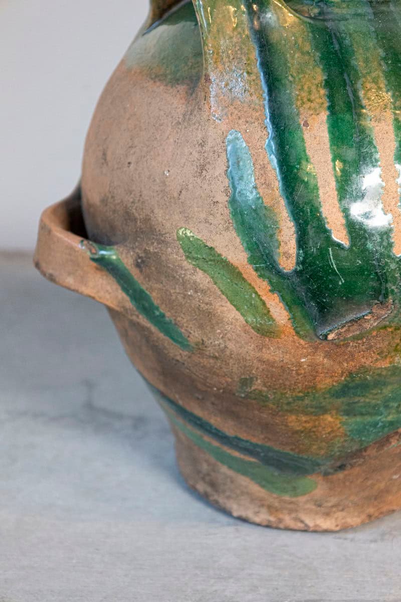 French Provincial 19th Century Green Glazed Pottery Jug with Dual Handles - JAA