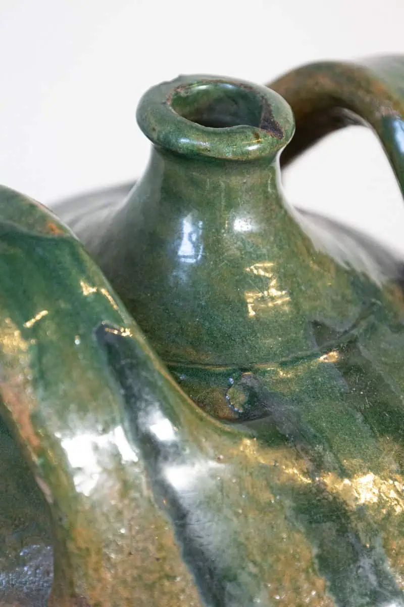 French Provincial 19th Century Green Glazed Pottery Jug with Dual Handles - JAA