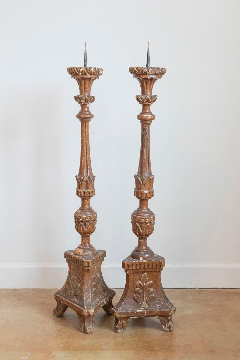 Pair of 1890s Grand Scale French Painted Candlesticks with Distressed Patina - JAA