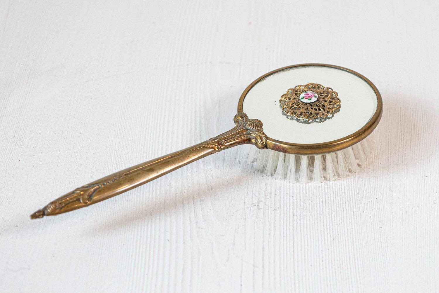 English Mirrored Hair Brush with Brass Finish, Filigree Décor and Medallion - JAA