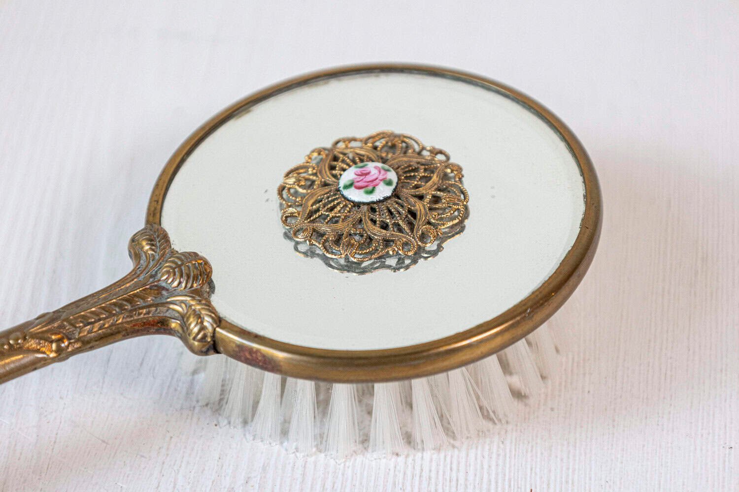 English Mirrored Hair Brush with Brass Finish, Filigree Décor and Medallion - JAA