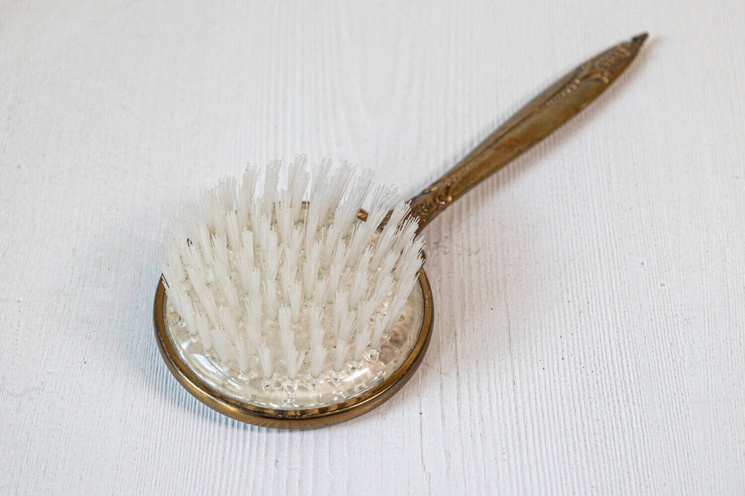 English Mirrored Hair Brush with Brass Finish, Filigree Décor and Medallion - JAA