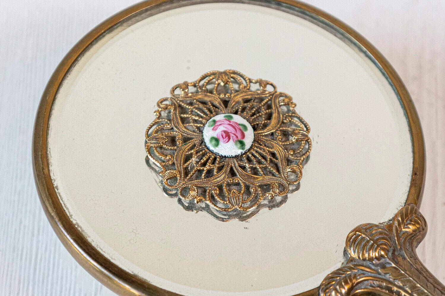 English Mirrored Hair Brush with Brass Finish, Filigree Décor and Medallion - JAA