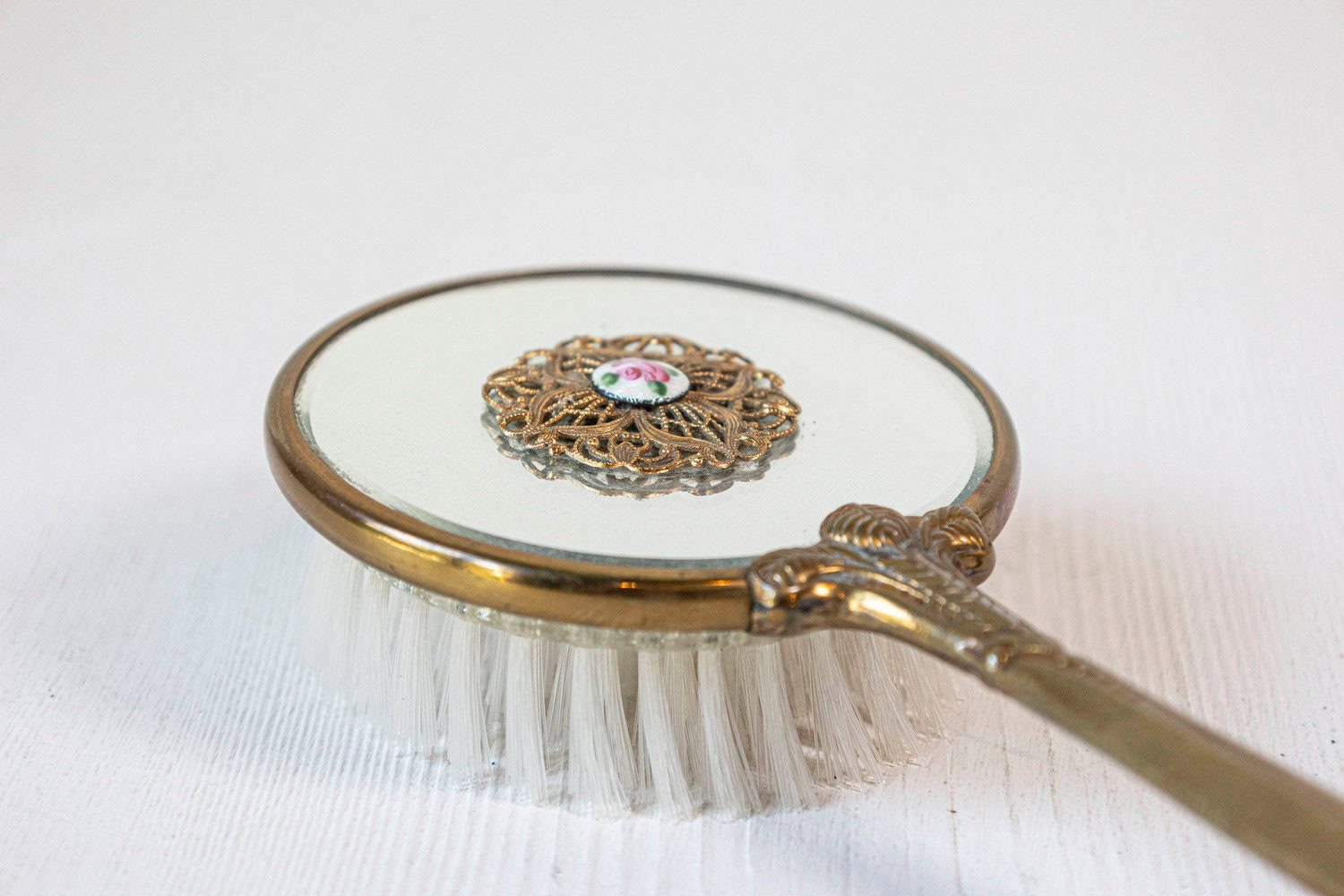 English Mirrored Hair Brush with Brass Finish, Filigree Décor and Medallion - JAA