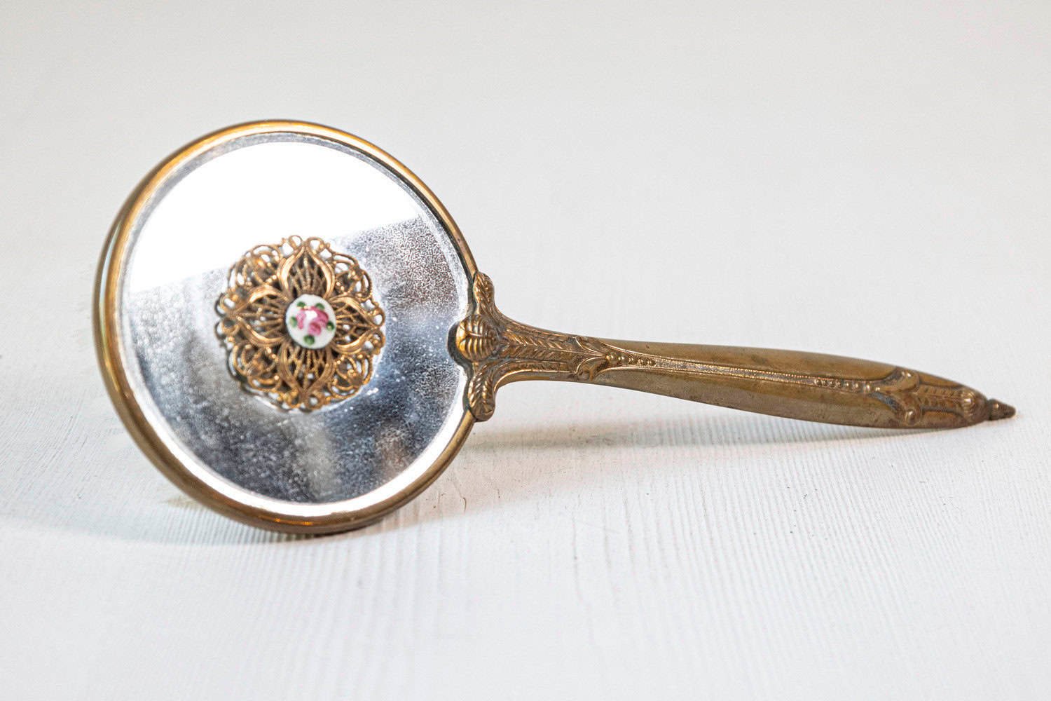 English Mirrored Hair Brush with Brass Finish, Filigree Décor and Medallion - JAA