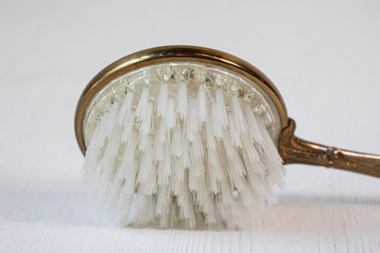 English Mirrored Hair Brush with Brass Finish, Filigree Décor and Medallion - JAA