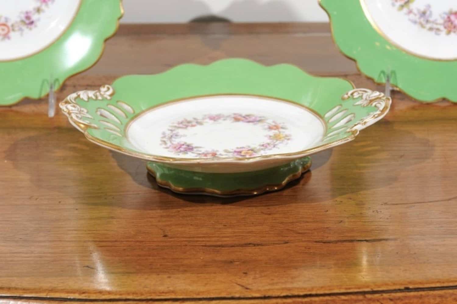 Ridgway Porcelain Dinner Plates and Compote with Green Rim and Floral Décor - JAA