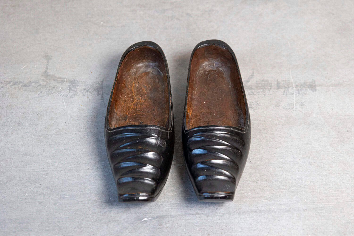 Petite Pair of Dutch 19th Century Ladies' Carved Wooden Clogs with Black Paint - JAA