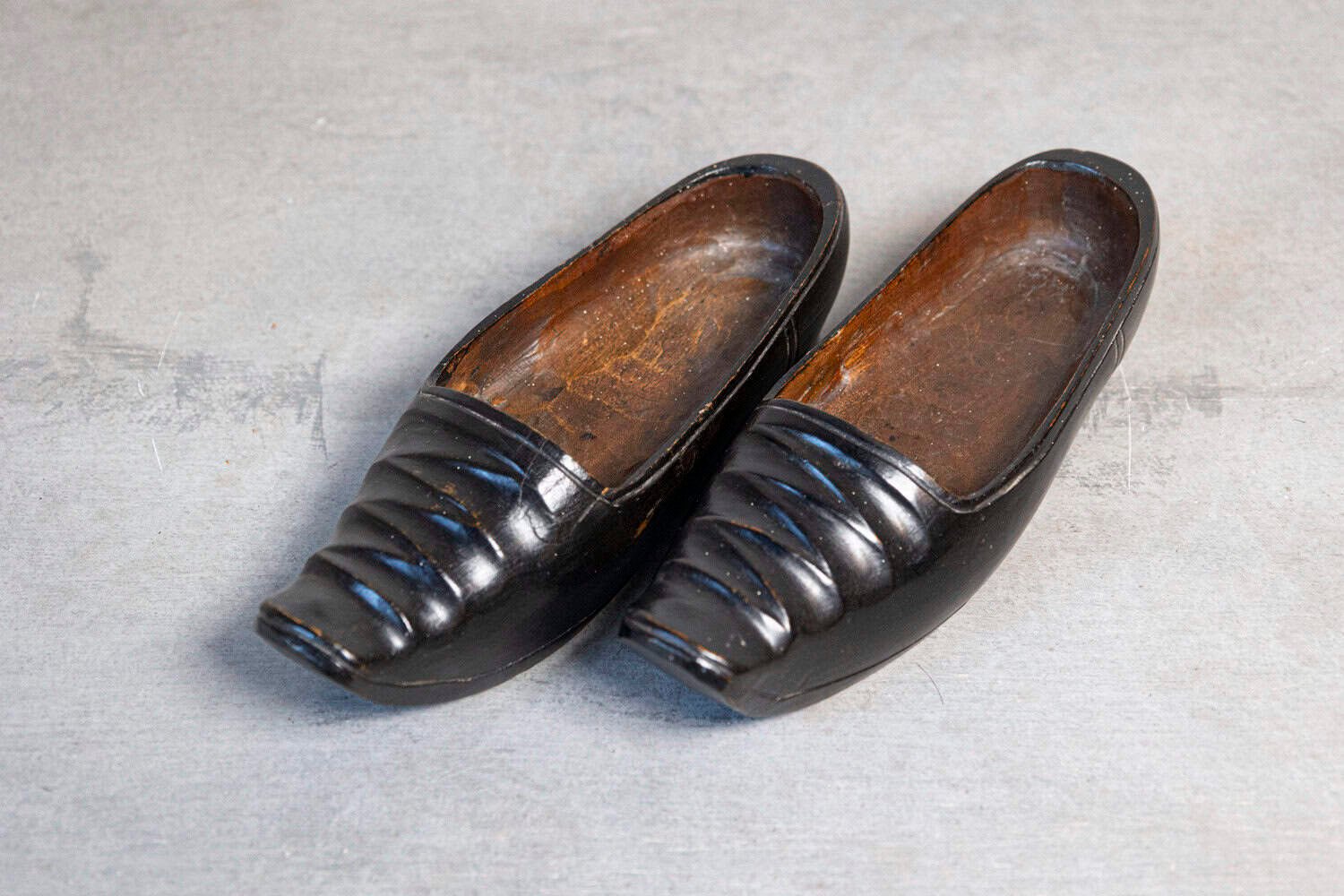 Petite Pair of Dutch 19th Century Ladies' Carved Wooden Clogs with Black Paint - JAA