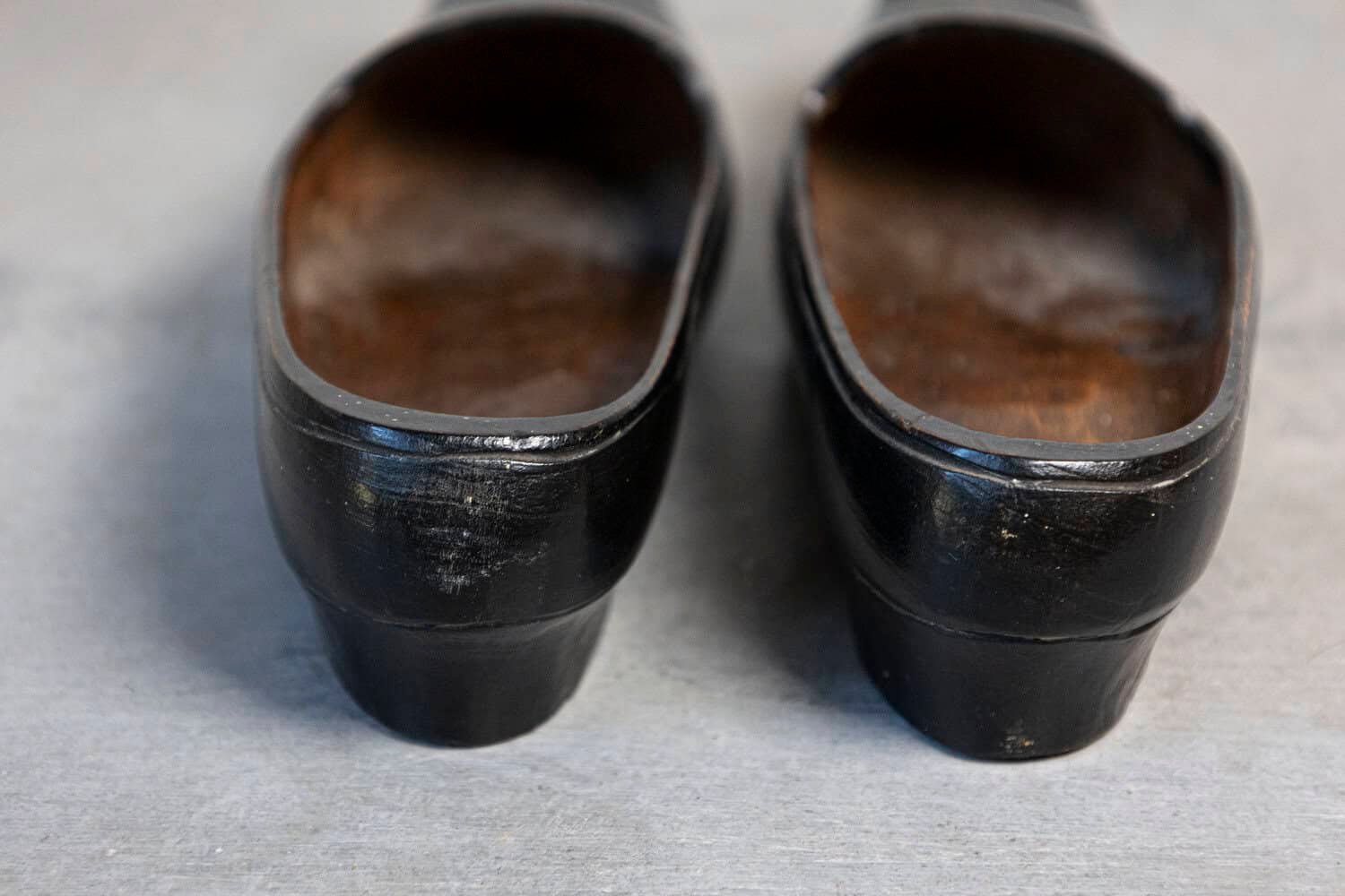 Petite Pair of Dutch 19th Century Ladies' Carved Wooden Clogs with Black Paint - JAA