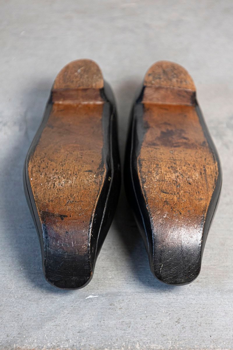 Petite Pair of Dutch 19th Century Ladies' Carved Wooden Clogs with Black Paint - JAA