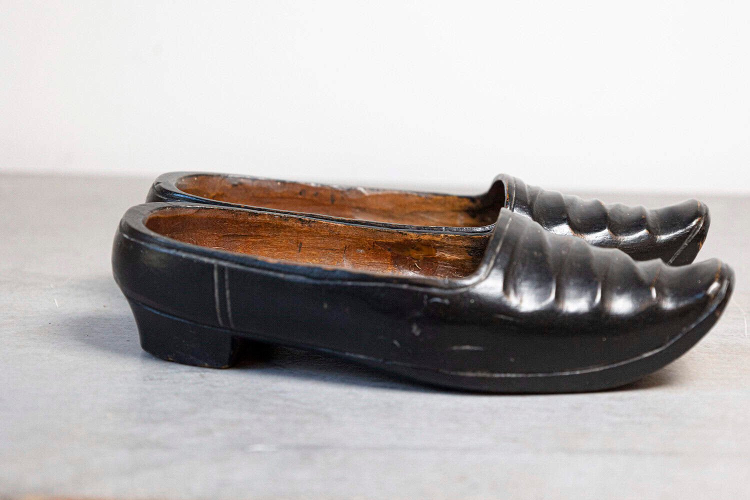 Petite Pair of Dutch 19th Century Ladies' Carved Wooden Clogs with Black Paint - JAA