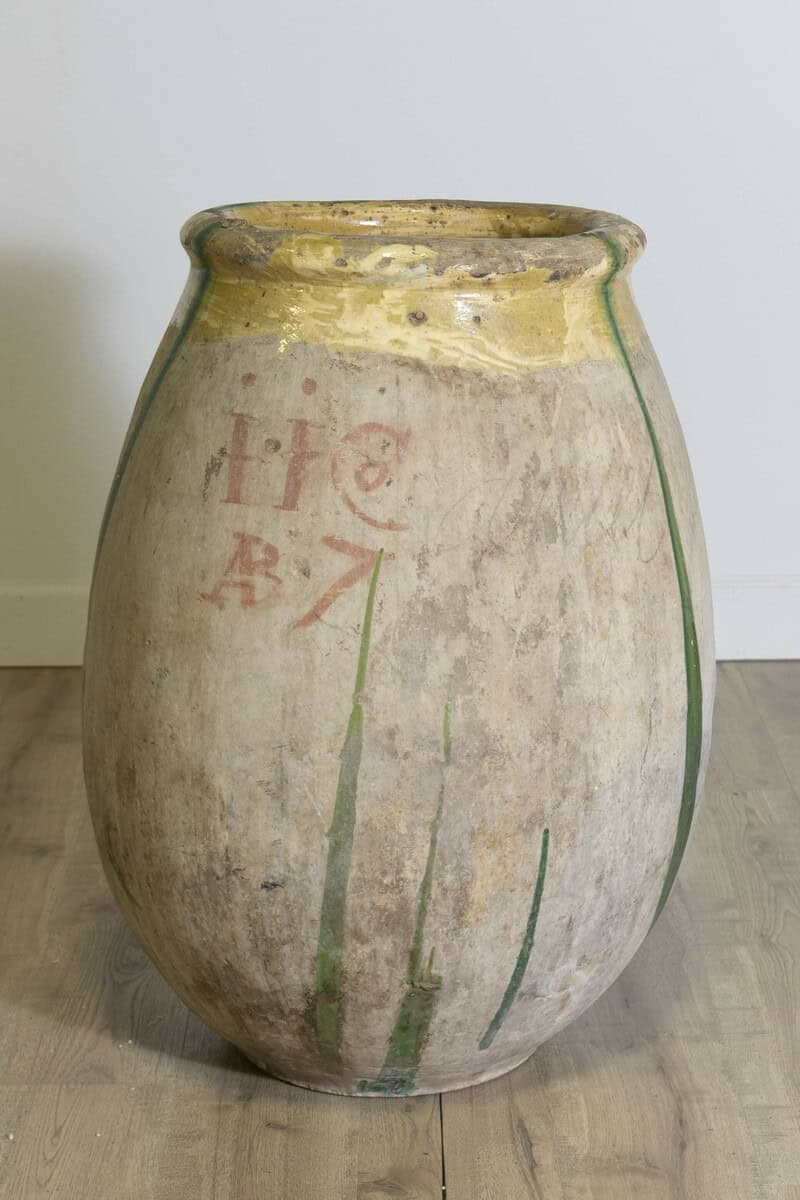 18th Century French Provincial Olive Oil Biot jar with Yellow and Green Glaze - JAA